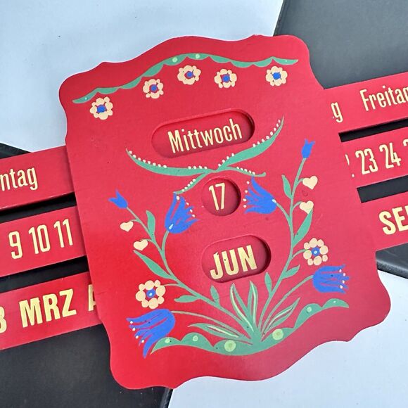 Vintage German Perpetual Sliding Wall Calendar WOOD Painted Red Kitschy - Picture 4 of 13